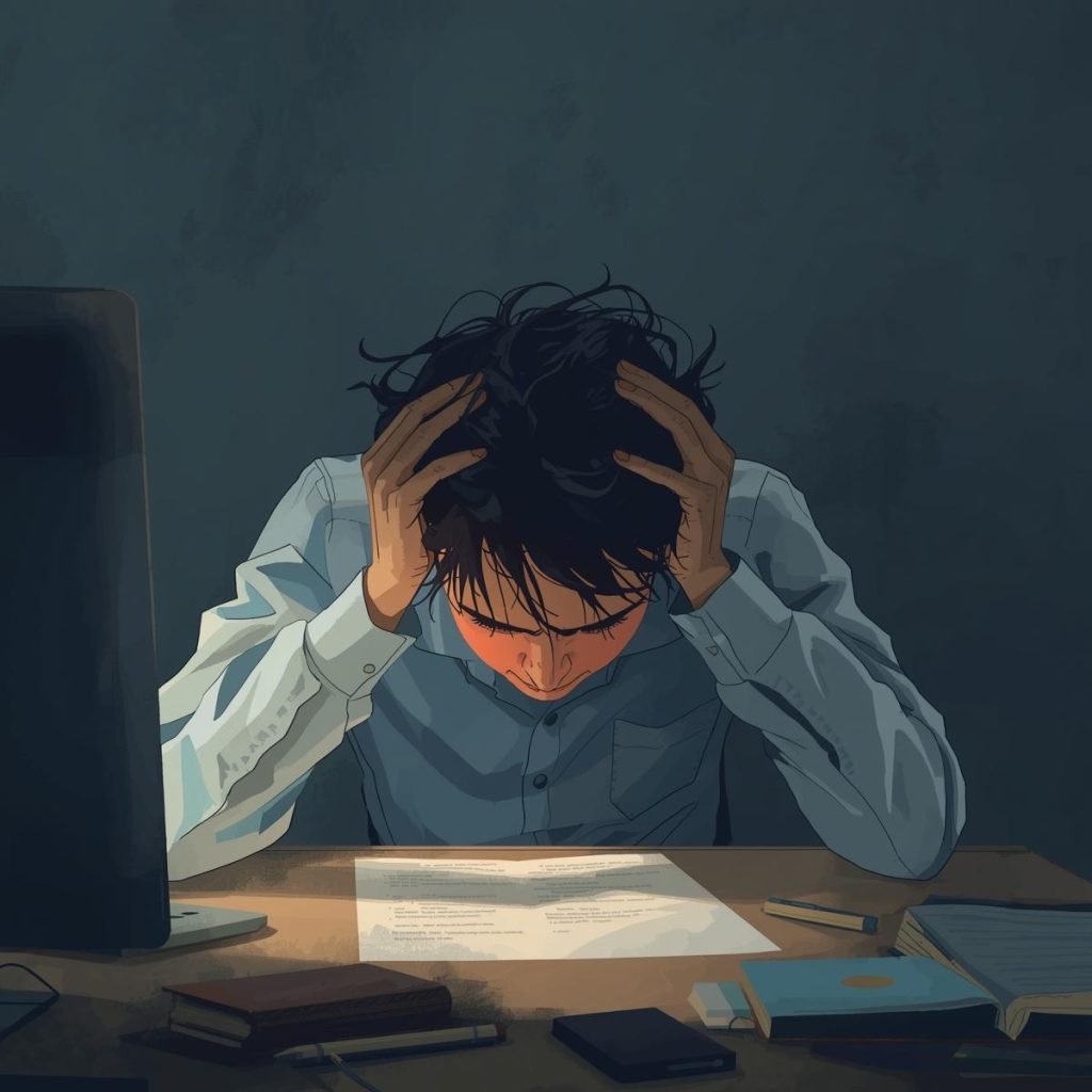 Burn-out, jojoen en dan, een grafische weergave van een persoon met het handen in het haar